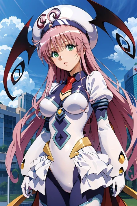 (masterpiece, best quality), 1girl, <lora:lala_satalin_deviluke_v1:1> aalala, long hair, hat, white headwear, head wings, green eyes, breasts, red necktie, white bodysuit, white leotard, puffy sleeves, white gloves, showgirl skirt, blue pantyhose