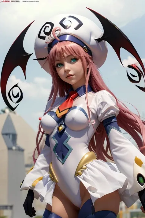 (masterpiece, best quality), 1girl, <lora:lala_satalin_deviluke_v1:1> aalala, long hair, hat, white headwear, head wings, green eyes, breasts, red necktie, white bodysuit, white leotard, puffy sleeves, white gloves, showgirl skirt, blue pantyhose