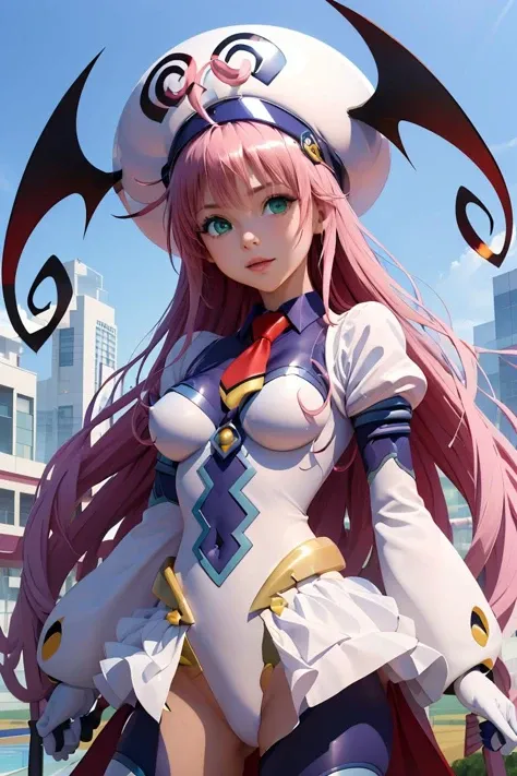 (masterpiece, best quality), 1girl, <lora:lala_satalin_deviluke_v1:1> aalala, long hair, hat, white headwear, head wings, green eyes, breasts, red necktie, white bodysuit, white leotard, puffy sleeves, white gloves, showgirl skirt, blue pantyhose
