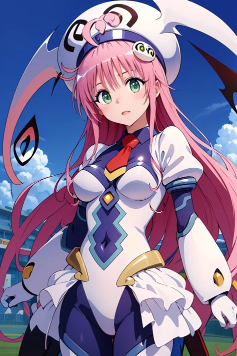 (masterpiece, best quality), 1girl, <lora:lala_satalin_deviluke_v1:1> aalala, long hair, hat, white headwear, head wings, green eyes, breasts, red necktie, white bodysuit, white leotard, puffy sleeves, white gloves, showgirl skirt, blue pantyhose