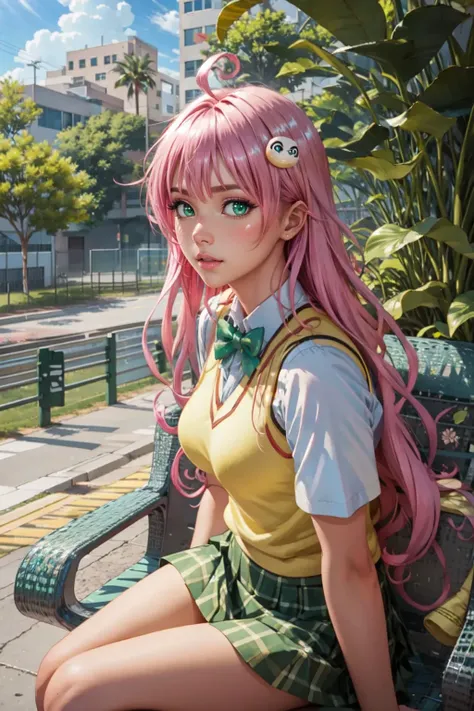 high resolution, extremely delicate and beautiful,finely detailed eyes and detailed face,ultra detailed, perfect details,detailed background,
shiny skin, Ray Tracing, Global Illumination, cowboy shot,  
1girl, (solo), aalala, long hair, ahoge, hair ornament, green eyes, breasts, school uniform, green bowtie, collared shirt, white shirt, sweater vest, yellow vest, short sleeves, plaid skirt, green skirt, sitting crossed legs, pretty thighs,  <lora:lala_satalin_deviluke_v1:1>