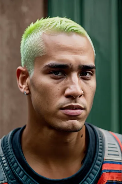 Gekko, RAW photo of a man, 1boy, male focus, solo, 8k uhd, dslr, soft lighting, high quality, film grain, Fujifilm XT3, green hair, very short hair, <lora:GekkoValorantV2.0:1>