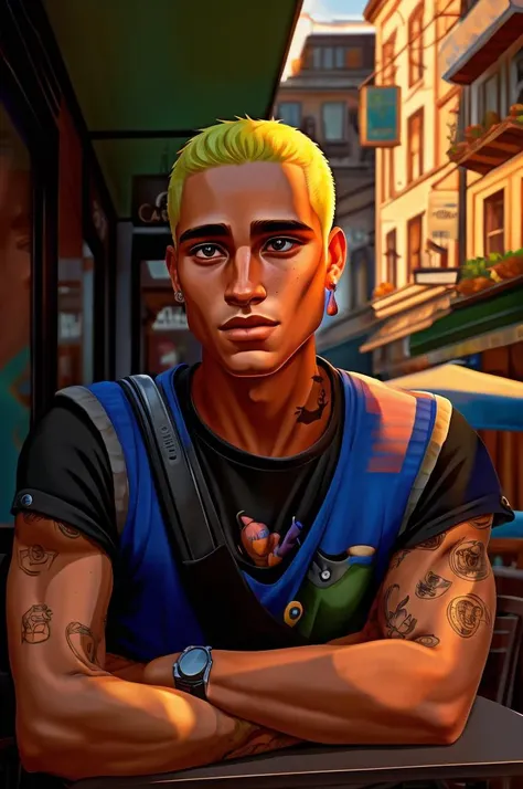 Gekko, digital illustration of a man, medium shot, looking at viewer, 1boy, 1male, masterpiece, best quality, cafe background <lora:GekkoValorantV2.0:1>