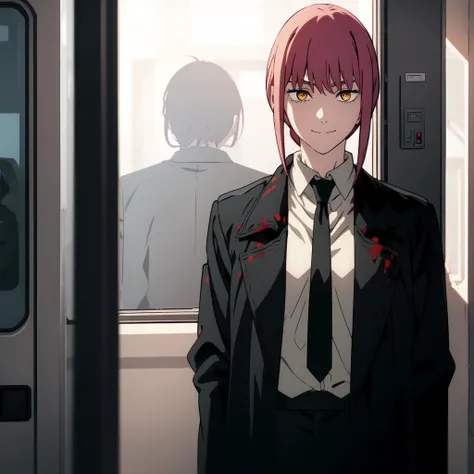 (extremely detailed CG unity 8k wallpaper),(masterpiece),(best quality),(ultra-detailed),(best illustration),(best shadow),(absurdres),<lora:makima:0.8>,Makima, 1girl, necktie, blood, blood on clothes, blood on face, solo, black necktie, pants, black pants, ringed eyes, looking at viewer, yellow eyes,(jacket undressing:1.4), jacket, formal, red hair, bangs, black jacket, blood splatter, sidelocks, train interior, medium hair, blurry, closed mouth, braid, smile, coat, business suit, sitting, indoors, long sleeves, blurry background, braided ponytail, standing, pink hair ,(nude below jacket:1.4, breasts out:1.4, navel, from side position),