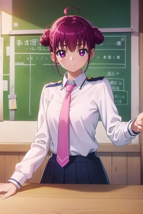 miyukihoshizora, <lora:miyuki hoshizora s1-lora-nochekaiser:1>,
miyuki hoshizora, short hair, pink hair, bow, hair bow, (pink eyes:1.3), hair bun, double hair bun, ahoge, yellow bow, smile,
BREAK school uniform, necktie, pink necktie, nanairogaoka middle school uniform, long sleeves, skirt, blue skirt,
BREAK indoors,classroom,
BREAK looking at viewer, dynamic pose,
BREAK <lyco:GoodHands-beta2:1>, (masterpiece:1.2), best quality, high resolution, unity 8k wallpaper, (illustration:0.8), (beautiful detailed eyes:1.6), extremely detailed face, perfect lighting, extremely detailed CG, (perfect hands, perfect anatomy),