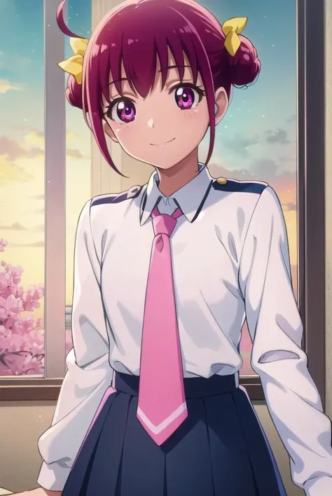 miyukihoshizora, <lora:miyuki hoshizora s1-lora-nochekaiser:1>,
miyuki hoshizora, short hair, pink hair, bow, hair bow, (pink eyes:1.3), hair bun, double hair bun, ahoge, yellow bow, smile,
BREAK school uniform, necktie, pink necktie, nanairogaoka middle school uniform, long sleeves, skirt, blue skirt,
BREAK indoors,classroom,
BREAK looking at viewer, dynamic pose,
BREAK <lyco:GoodHands-beta2:1>, (masterpiece:1.2), best quality, high resolution, unity 8k wallpaper, (illustration:0.8), (beautiful detailed eyes:1.6), extremely detailed face, perfect lighting, extremely detailed CG, (perfect hands, perfect anatomy),