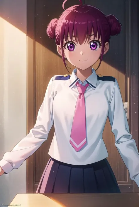 miyukihoshizora, <lora:miyuki hoshizora s1-lora-nochekaiser:1>,
miyuki hoshizora, short hair, pink hair, bow, hair bow, (pink eyes:1.3), hair bun, double hair bun, ahoge, yellow bow, smile,
BREAK school uniform, necktie, pink necktie, nanairogaoka middle school uniform, long sleeves, skirt, blue skirt,
BREAK indoors,classroom,
BREAK looking at viewer, dynamic pose,
BREAK <lyco:GoodHands-beta2:1>, (masterpiece:1.2), best quality, high resolution, unity 8k wallpaper, (illustration:0.8), (beautiful detailed eyes:1.6), extremely detailed face, perfect lighting, extremely detailed CG, (perfect hands, perfect anatomy),