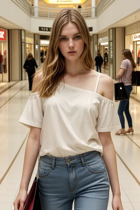 <lora:kawaii7.1.3_obj20:0.75:0.25>, European woman, closeup, sandals, (shirt), pants, (shopping mall hallway), ZM_marisa, wide shoulders, perfect face, (contact iris: 1.1), pale skin, skin pores , depth of field