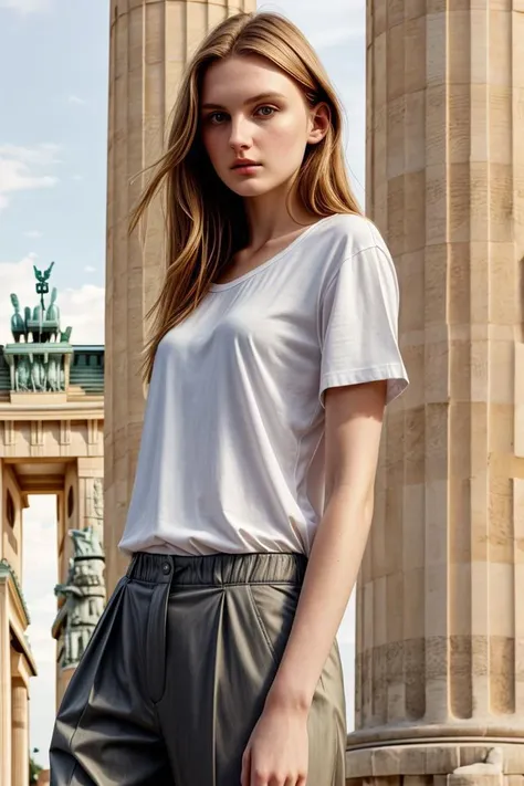 <lora:kawaii7.1.3_obj20:0.75:0.25>, European woman, closeup, sandals, (shirt), pants, (brandenburg gate), ZM_marisa, wide shoulders, perfect face, (contact iris: 1.1), pale skin, skin pores , depth of field
