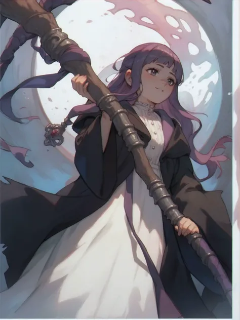 score_9, score_8_up, score_7_up, score_6_up, rating_explicit,
1girl, cast magic, (calm smile:0.64), long purple hair,
<lora:Fern-10 (for pony):0.8> , FRN, WHITE DRESS, BLACK ROBE, HOLDING STAFF