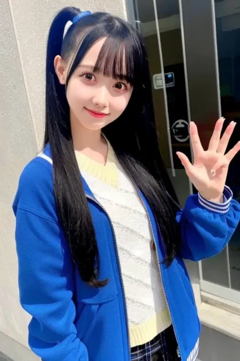 momona with long black hair wearing a blue jacket and holding her hands up in the air with both hands, (8k), (best quality), (masterpiece:1.2), (realistic), (photorealistic:1.37), <lora:momona_v2-000011:1>