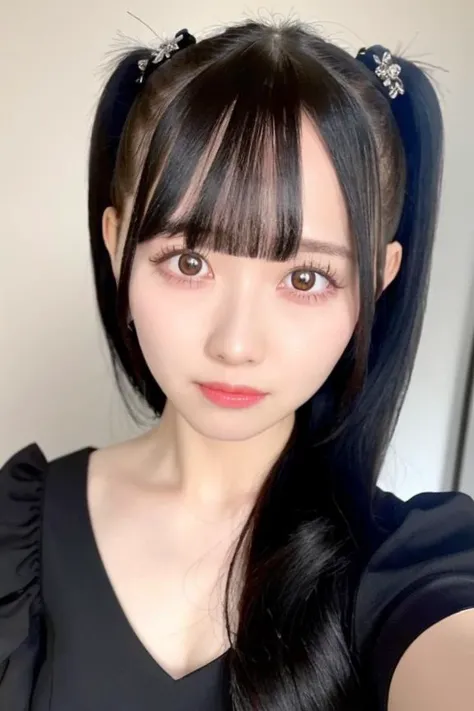 momona in a black dress with long black hair and a ponytail with a white shirt and pink flower, (8k), (best quality), (masterpiece:1.2), (realistic), (photorealistic:1.37),   <lora:momona_v2-000011:1>