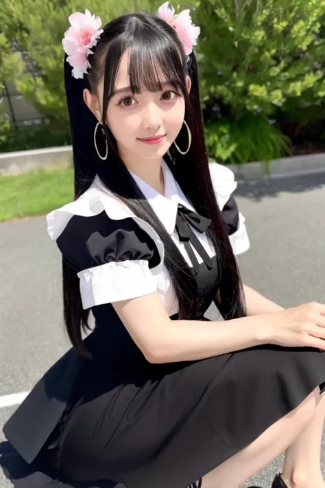 momona in a black dress with long black hair and with a white shirt and pink flower, (8k), (best quality), (masterpiece:1.2), (realistic), (photorealistic:1.37),   <lora:momona_v2-000011:1>, full body