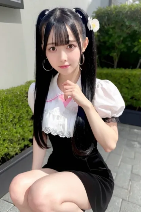 momona in a black dress with long black hair and with a white shirt and pink flower, (8k), (best quality), (masterpiece:1.2), (realistic), (photorealistic:1.37), <lora:momona_v2-000011:1>, full body