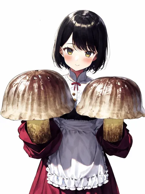 ((1girl)),short hair,white china dress, holding mushroom, <lora:Boletus_luridus:1>, masterpiece, best quality,