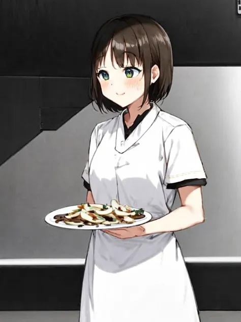 ((1girl)),short hair,white china dress, kitchen,fried mushroom, mushroom slices,frying pan, food focus, <lora:Boletus_luridus:1>, masterpiece, best quality,