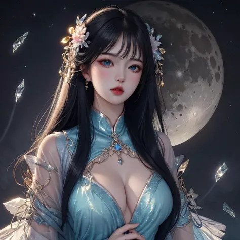 Best quality, masterpiece, ultra high res, (photorealistic:1.4), realistic,  1girl,unity 8k wallpaper, ultra detailed, beautiful and aesthetic, beautiful, masterpiece, best quality, in the dark, deep shadow, low key (zentangle, mandala, tangle, entangle), ((Mature Woman floating in the air)), looking at viewer, hands on chest,  super resolution, ultra hd, megapixel, Manga, Denoise, De-Noise, Neon Lights, Neon, Neon Lighting, fracture crystal, moon behind woman, fractal, ice, <lora:beautifuleyeslikeness_halfBody:0.9>
