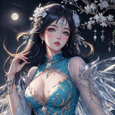 Best quality, masterpiece, ultra high res, (photorealistic:1.4), 1girl, official art, unity 8k wallpaper, ultra detailed, beautiful and aesthetic, beautiful, masterpiece, best quality, (zentangle, mandala, tangle, entangle), ((Mature Woman floating in the air)), looking at viewer, super resolution, ultra hd, megapixel, Manga, Denoise, De-Noise, Neon Lights, Neon, Neon Lighting, fracture crystal, moon behind woman, fractal, ice, <lora:beautifuleyeslikeness_halfBody:0.9>