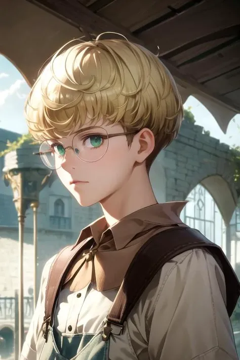masterpiece, best quality, photorealistic, 1boy, solo, male focus, looking at viewer, , , , , <lora:tao_mongarten:0.72>, tao_mongarten, blonde hair, green eyes, glasses, overalls, , A dark, foreboding castle where a wicked queen reigns, 16k resolution