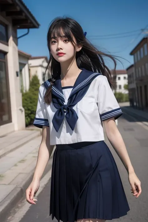 ltra-detailed,highly detailed,best quality,masterpiece,illustration,realistic,photorealistic,
serafuku, 1girl, solo,
school uniform, short sleeves shirt, sailor collar, pleated skirt,
hair ribbon, bowtie,
long hair, bangs,
cowboy shot, looking at viewer, walking,
outdoors, day,photo background,wind,school courtyard, floating clothes,
<lora:serafuku_v1_05:0.7>