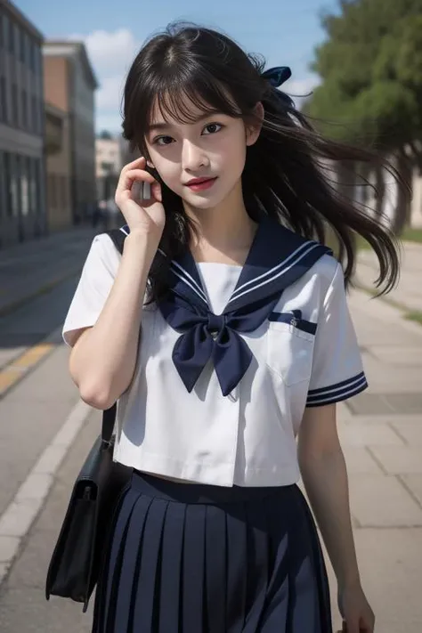 ltra-detailed,highly detailed,best quality,masterpiece,illustration,realistic,photorealistic,
serafuku, 1girl, solo, 
school uniform, short sleeves shirt, sailor collar, pleated skirt, 
hair ribbon, bowtie, 
long hair,  bangs, 
cowboy shot, looking at viewer, walking, 
outdoors, day,photo background,wind,school courtyard, floating clothes, 
<lora:serafuku_v1_05:0.7>