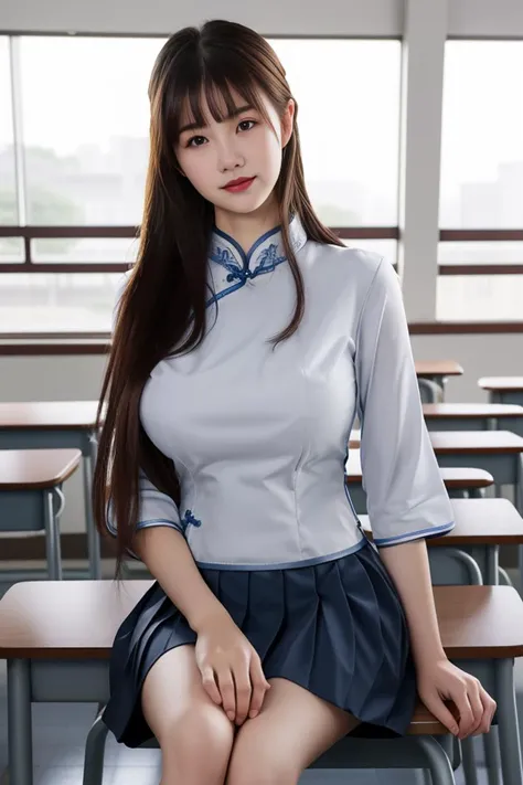 best quality, masterpiece,real,realistic, photo,photorealistic,looking at viewer,
1girl, xiaofu,school uniform, chinese clothes, cheongsam,shirt,pleated skirt,sleeves past elbows,
indoors, classroom,sitting,
long hair,straight hair, blunt bangs, huge breasts, covered nipples,
<lora:xiaofu_v3_02:0.8:YF1><lora:-09:0.6:FACEA>