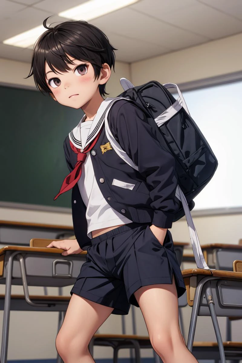 , <lora:serafuku_20231229013254:0.3> (serafuku:0.9), male, classroom, school uniform, shorts