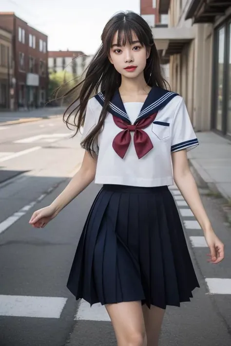ltra-detailed,highly detailed,best quality,masterpiece,illustration,realistic,photorealistic,
serafuku, 1girl, solo, 
school uniform, short sleeves shirt, sailor collar, pleated skirt, 
hair ribbon, bowtie, 
long hair,  bangs, 
cowboy shot, looking at viewer, walking, 
outdoors, day,photo background,wind,school courtyard, floating clothes, 
<lora:serafuku_v1_05:0.7>