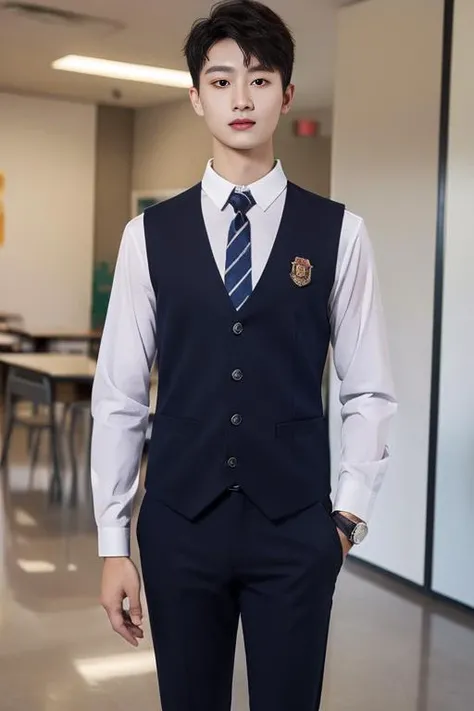 ultra-detailed,highly detailed,best quality,masterpiece,illustration,realistic,
school uniform,1boy, solo,
collared shirt,striped necktie, vest, long sleeves, pants,buttons,badge, shoes,watch,
indoors, photo background, blurry background, classroom,standing,
<lora:school uniform_xzjk_v1_07:0.7>