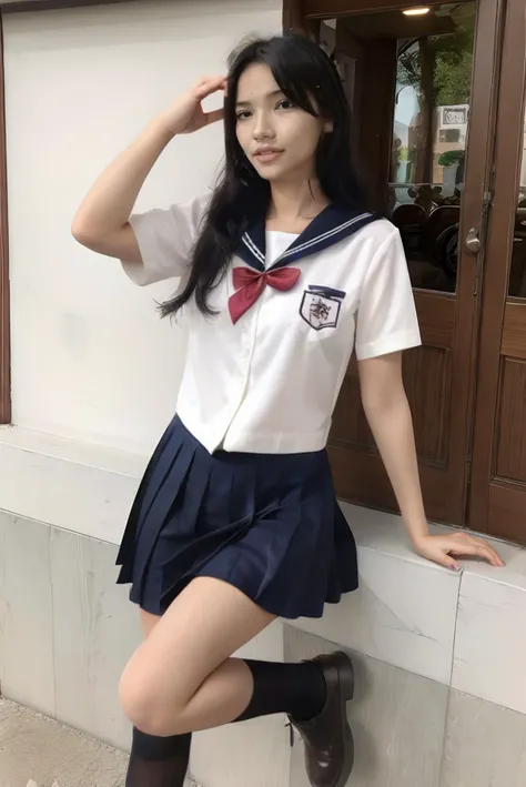 best quality, masterpiece, realistic, detailed, hires, HDR10+, perfect female body, gorgeous, charmer, hypersexuality, sexy, horny, lustful, pleasured, climaxed, extreme delicate beautiful, <lora:JV1_ChillMix:0.65> niken fatonah, javanese, solo, 1girl, woman, young girl, niken, nkftnh, bra cup size 32b, medium breast, medium hips, ite girl, short girl, slender body, looking at camera, <lora:serafuku_v1_05:0.7> serafuku, school uniform, short sleeves shirt, sailor collar, pleated skirt, bowtie, white socks, black loafers, hair ribbon