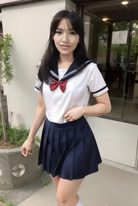 best quality, masterpiece, realistic, detailed, hires, HDR10+, perfect female body, gorgeous, charmer, hypersexuality, sexy, horny, lustful, pleasured, climaxed, extreme delicate beautiful, <lora:JV1_ChillMix:0.65> niken fatonah, javanese, solo, 1girl, woman, young girl, niken, nkftnh, bra cup size 32b, medium breast, medium hips, ite girl, short girl, slender body, looking at camera, <lora:serafuku_v1_05:0.7> serafuku, school uniform, short sleeves shirt, sailor collar, pleated skirt, bowtie, white socks, black loafers, hair ribbon