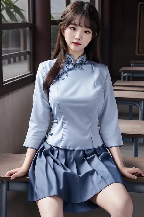 best quality, masterpiece,real,realistic, photo,photorealistic,looking at viewer,
1girl, xiaofu,school uniform, chinese clothes, cheongsam,shirt,pleated skirt,sleeves past elbows,
indoors, classroom,sitting,
long hair,straight hair, blunt bangs, huge breasts, covered nipples,
<lora:xiaofu_v3_02:0.8> <lora:chilloutmixss30_v30:0.4>
