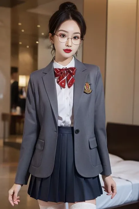 ultra-detailed,highly detailed,best quality,masterpiece,illustration,realistic,
school uniform, 1girl, solo, cowboy shot, 
collared shirt,striped bowtie, blazer, jacket, long sleeves, pleated skirt,buttons,badge, thighhighs, high heels, 
indoors, photo background, blurry background, bed,
long hair, parted bangs, hair bun, semi-rimless eyewear, 
 <lora:school uniform_xzjk_v1_07:0.7>