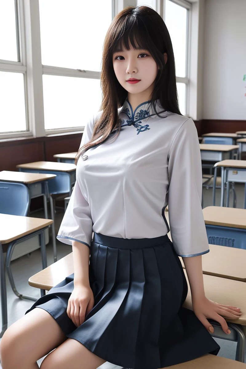 best quality, masterpiece,real,realistic, photo,photorealistic,looking at viewer,
1girl, xiaofu,school uniform, chinese clothes, cheongsam,shirt,pleated skirt,sleeves past elbows,
indoors, classroom,sitting,
long hair,straight hair, blunt bangs, huge breasts, covered nipples,
<lora:xiaofu_v3_02:0.6:YF1><lora:cai-000018:0.8:FACEA>