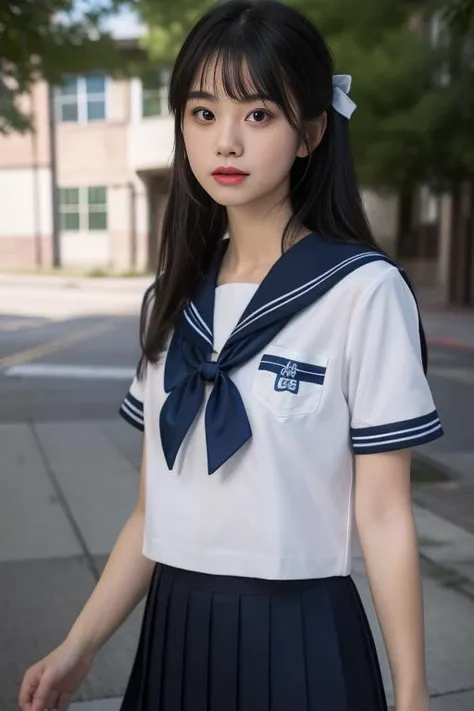ltra-detailed,highly detailed,best quality,masterpiece,illustration,realistic,photorealistic,
serafuku, 1girl, solo,
school uniform, short sleeves shirt, sailor collar, pleated skirt,
hair ribbon, bowtie,
long hair, bangs,
cowboy shot, looking at viewer, walking,
outdoors, day,photo background,wind,school courtyard, floating clothes,
<lora:serafuku_v1_05:0.7>