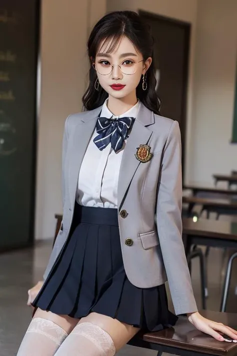 ultra-detailed,highly detailed,best quality,masterpiece,illustration,realistic,
school uniform, 1girl, solo,
collared shirt,striped bowtie, blazer, jacket, long sleeves, pleated skirt,buttons,badge, thighhighs, high heels, 
indoors, photo background, blurry background, classroom,sitting, 
long hair, parted bangs, hair bun, semi-rimless eyewear, 
 <lora:school uniform_xzjk_v1_07:0.7>