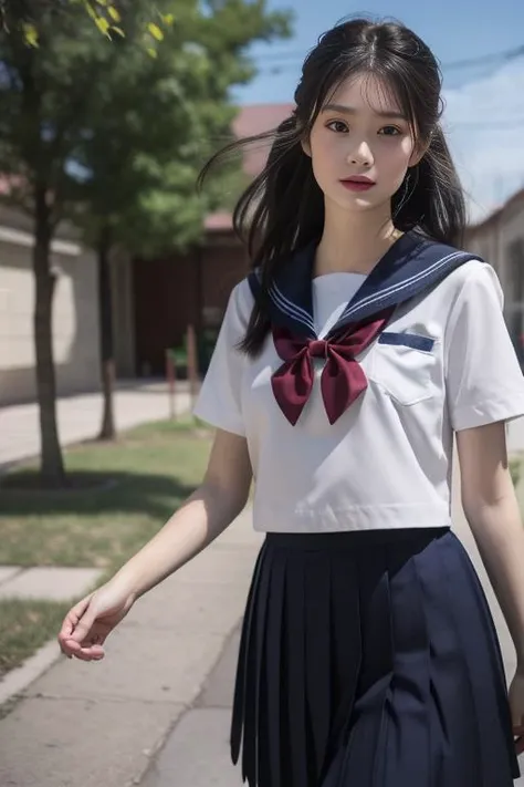 ltra-detailed,highly detailed,best quality,masterpiece,illustration,realistic,photorealistic,
serafuku, 1girl, solo,
school uniform, short sleeves shirt, sailor collar, pleated skirt,
hair ribbon, bowtie,
long hair, bangs,
cowboy shot, looking at viewer, walking,
outdoors, day,photo background,wind,school courtyard, floating clothes,
<lora:serafuku_v1_05:0.7>