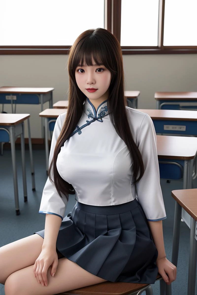 best quality, masterpiece,real,realistic, photo,photorealistic,looking at viewer,
1girl, xiaofu,school uniform, chinese clothes, cheongsam,shirt,pleated skirt,sleeves past elbows,
indoors, classroom,sitting,
long hair,straight hair, blunt bangs, huge breasts, covered nipples,
<lora:xiaofu_v3_02:0.6:YF1><lora:zhuo:0.7:FACEA>