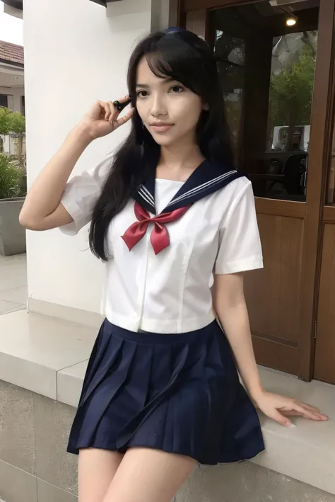 best quality, masterpiece, realistic, detailed, hires, HDR10+, perfect female body, gorgeous, charmer, hypersexuality, sexy, horny, lustful, pleasured, climaxed, extreme delicate beautiful, <lora:JV1_ChillMix:0.65> niken fatonah, javanese, solo, 1girl, woman, young girl, niken, nkftnh, bra cup size 32b, medium breast, medium hips, ite girl, short girl, slender body, looking at camera, <lora:serafuku_v1_05:0.7> serafuku, school uniform, short sleeves shirt, sailor collar, pleated skirt, bowtie, white socks, black loafers, hair ribbon