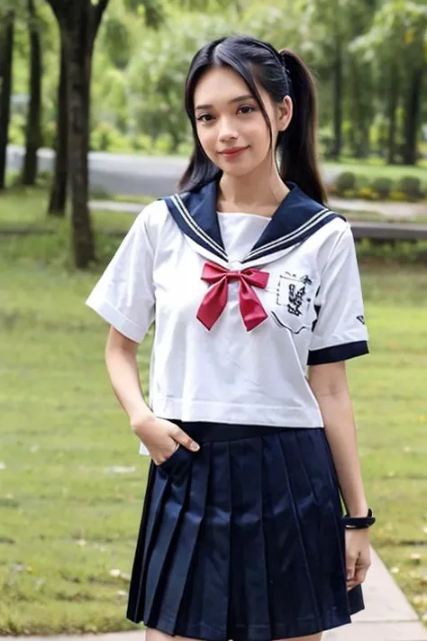 1girl, solo, , masterpiece, best quality, lots of details, realistic, HDR10+, full body, slender body, medium breast, medium hips, petigirl, extreme delicate beautiful, cute, expressive, sexy pose, suggestive, <lora:serafuku_v1_05:0.7> serafuku, school uniform, short sleeves shirt, sailor collar, pleated skirt, hair ribbon, bowtie, <lora:Lika_Chill:0.7> Lika, black hair, waterfall half a ponytail, bangs