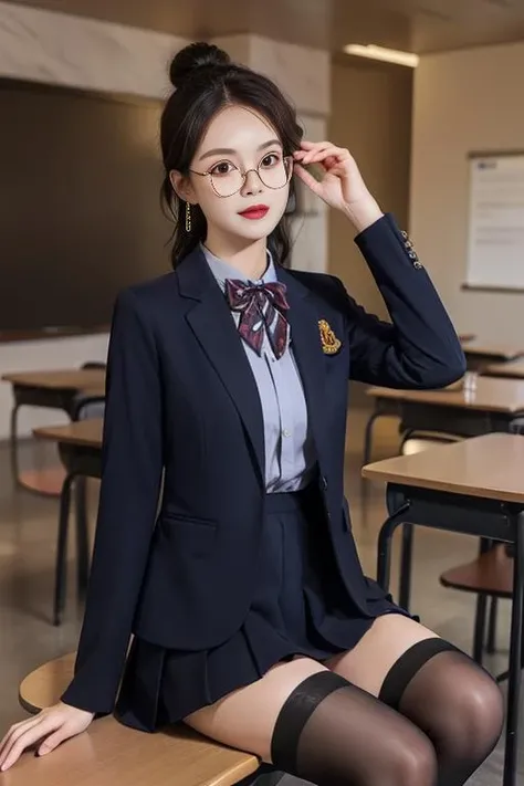 ultra-detailed,highly detailed,best quality,masterpiece,illustration,realistic,
school uniform, 1girl, solo,
collared shirt,striped bowtie, blazer, jacket, long sleeves, pleated skirt,buttons,badge, thighhighs, high heels,
indoors, photo background, blurry background, classroom,sitting,
long hair, parted bangs, hair bun, semi-rimless eyewear,
<lora:school uniform_xzjk_v1_07:0.7>