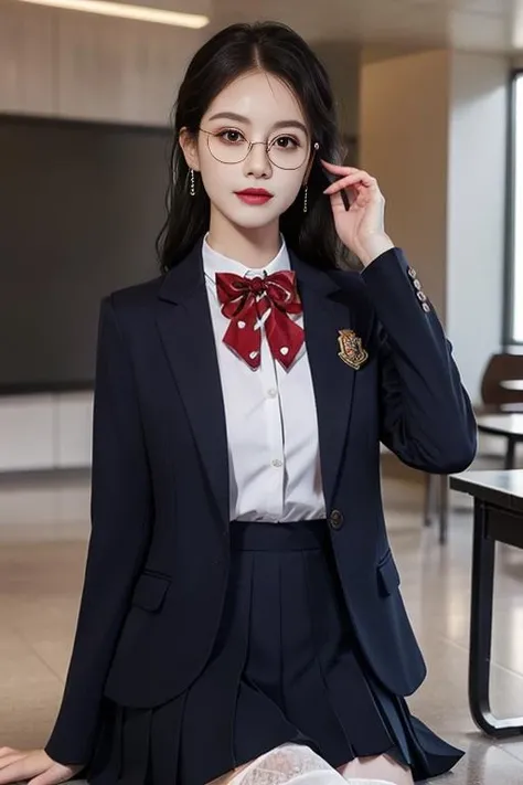 ultra-detailed,highly detailed,best quality,masterpiece,illustration,realistic,
school uniform, 1girl, solo,
collared shirt,striped bowtie, blazer, jacket, long sleeves, pleated skirt,buttons,badge, thighhighs, high heels, 
indoors, photo background, blurry background, classroom,sitting, 
long hair, parted bangs, hair bun, semi-rimless eyewear, 
 <lora:school uniform_xzjk_v1_07:0.7>