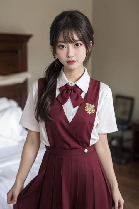 ultra-detailed,highly detailed,best quality,masterpiece,illustration,realistic,
school uniform, solo, 1girl,
red dress,hair ribbon,collared shirt, pinafore dress, pleated skirt, long skirt, short sleeves, bowtie, badge,
standing,looking at viewer, \m/,cowboy shot,
side ponytail, very long hair, hair hair over shoulder, brown hair, bangs,
blurry background, photo background,indoors, bedroom,
<lora:school uniform__hnq_v1_05:0.7>