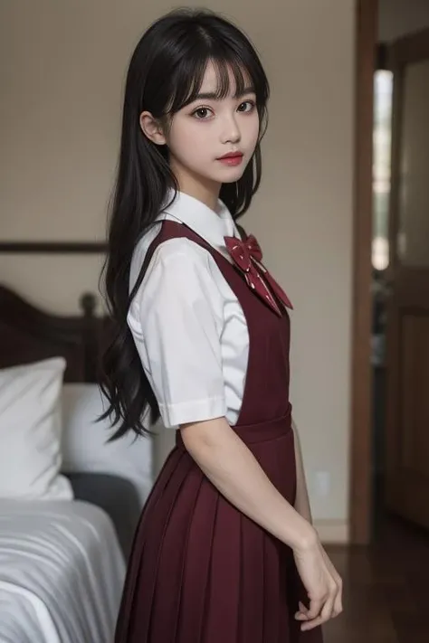 ultra-detailed,highly detailed,best quality,masterpiece,illustration,realistic,
school uniform, solo, 1girl,
red dress,hair ribbon,collared shirt, pinafore dress, pleated skirt, long skirt, short sleeves, bowtie, badge,
standing,looking at viewer, \m/,cowboy shot,
black hair, very long hair, hair hair over shoulder, brown hair, bangs,
blurry background, photo background,indoors, bedroom,
<lora:school uniform__hnq_v1_05:0.7>