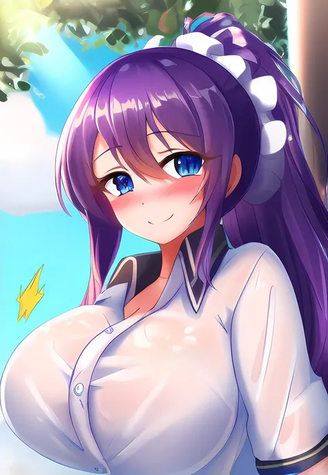 highest quality:1.2, masterpiece:1.2, <lora:lucy-05:1>, lucy, smile, blush, large breasts, white shirt, ponytail, blue eyes