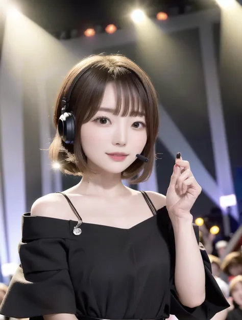 (masterpiece:1.2), (UHD:1.2), (best quality:1.2), (solo focus:1.3) 1girl <lora:hanazawakanaJPVA_v15:1>, small breasts, , concert stage, colored lights, music, crowd, idol outfit, headset, smiling, purple lights,