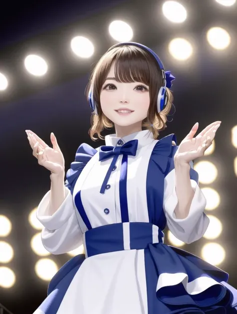 (masterpiece:1.2), (UHD:1.2), (best quality:1.2), (solo focus:1.3) 1girl <lora:hanazawakanaJPVA_v15:1>, small breasts, , concert stage, colored lights, music, crowd, idol outfit, headset, smiling, waving, purple lights,