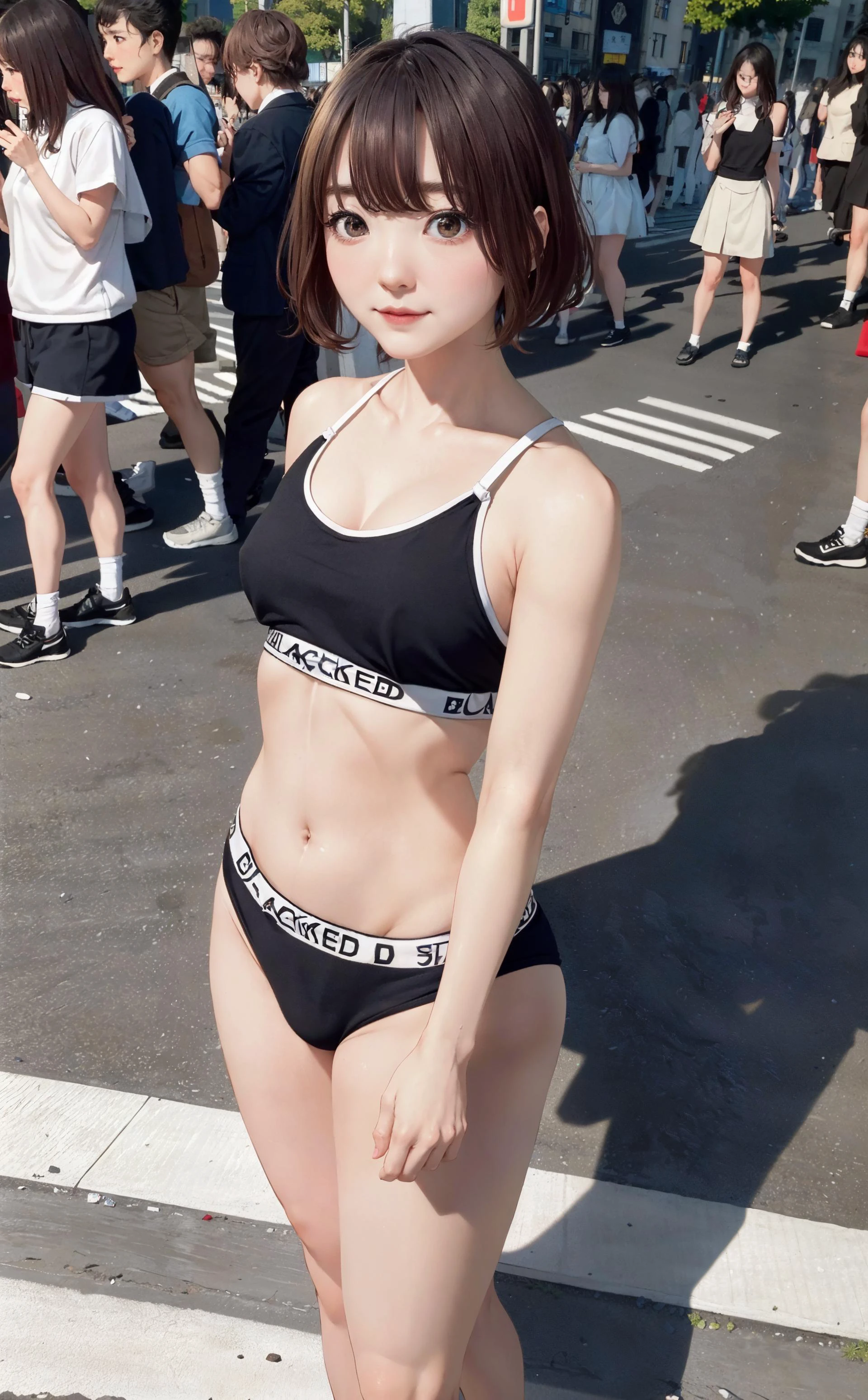 (photorealistic:1.3)(realistic:1.2) , BLACKED sports bra thong, <lora:blackedUnderwear_v19:0.8>, Kana Hanazawa <lora:hanazawakanaJPVA_v15:1> (high detail:1.2), (realistic shadows), (metropolis streets crowded:1.3), (city streets:1.5),(crowd:1.2), pretty smile,