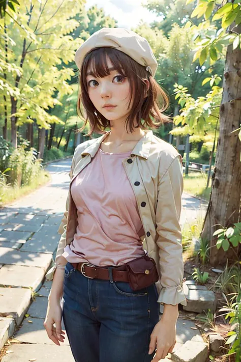 (8k, RAW photo, best quality, masterpiece:1.2), (realistic, photo-realistic:1.33), detailed eyes, natural lighting, depth of field, film grain, ((best quality)), ((masterpiece)), ((realistic)), (detailed), ((highly detailed skin)), highly detailed skin, looking at the viewer, stunning gradient colors, no watermark signature, detailed background, insanely detailed, , ((masterpiece)), absurdres, HDR
BREAK,
1girl, <lora:hanazawakanaJPVA_v15:0.95>"small breasts", toned body, ,(looking at viewer:1.3), curvy body, (pale skin:1.21), <lora:sengokuNadeko_v1:0.55> sengoku nadeko, cabbie hat, jacket, jacket on shoulders, jeans, pink shirt, ribbon, belt pouch
BREAK,
Outdoor,japanese temple, forest