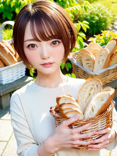 <lora:hanakana_lora:1>
short hair,
((masterpiece:1.4, best quality)), ((masterpiece, best quality)), (photo realistic:1.4),
professional lighting, physically-based rendering,
extremely detailed eyes and face, eyes with beautiful details,
Japanese idle (Japanese actress),
slender, thin legs,(face_focus:1.4),
white and blue line v neck sweater,(laugh:1.1),(smile:1.1) ,
sunny,sky,outdoor,
(basket_full_of_bread:1.5),